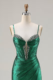 Metallic Dark Green Beaded Corset Mermaid Long Ball Dress with Slit