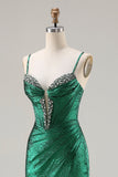 Metallic Dark Green Beaded Corset Mermaid Long Ball Dress with Slit
