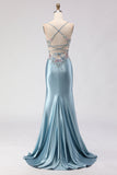 Grey Blue Mermaid Corset Beaded Lace Up Back Long Ball Dress with Slit