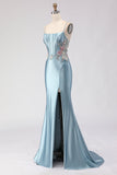 Grey Blue Mermaid Corset Beaded Lace Up Back Long Ball Dress with Slit