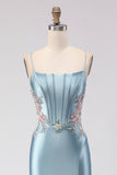 Grey Blue Mermaid Corset Beaded Lace Up Back Long Ball Dress with Slit