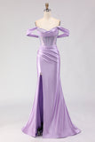 Off The Shoulder Mermaid Purple Corset Beaded Long Ball Dress with Slit