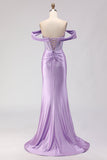 Off The Shoulder Mermaid Purple Corset Beaded Long Ball Dress with Slit