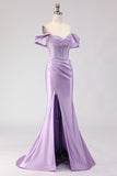 Off The Shoulder Mermaid Purple Corset Beaded Long Ball Dress with Slit