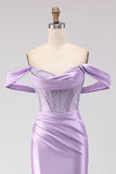 Off The Shoulder Mermaid Purple Corset Beaded Long Ball Dress with Slit