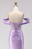 Off The Shoulder Mermaid Purple Corset Beaded Long Ball Dress with Slit
