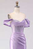 Off The Shoulder Mermaid Purple Corset Beaded Long Ball Dress with Slit