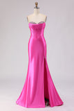 Sweetheart Fuchsia Mermaid Corset Beaded Long Ball Dress with Slit