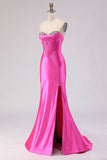 Sweetheart Fuchsia Mermaid Corset Beaded Long Ball Dress with Slit