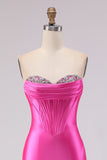 Sweetheart Fuchsia Mermaid Corset Beaded Long Ball Dress with Slit