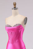 Sweetheart Fuchsia Mermaid Corset Beaded Long Ball Dress with Slit