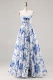 Blue Floral Strapless A-Line Corset Lace Up Back Long Ball Dress with Slit