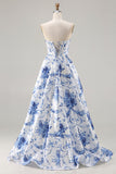 Blue Floral Strapless A-Line Corset Lace Up Back Long Ball Dress with Slit