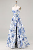 Blue Floral Strapless A-Line Corset Lace Up Back Long Ball Dress with Slit