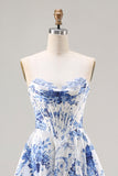 Blue Floral Strapless A-Line Corset Lace Up Back Long Ball Dress with Slit