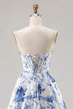 Blue Floral Strapless A-Line Corset Lace Up Back Long Ball Dress with Slit