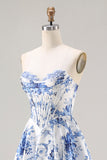 Blue Floral Strapless A-Line Corset Lace Up Back Long Ball Dress with Slit