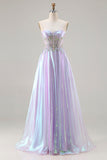Sparkly Strapless Purple A-Line Corset Lace Up Back Long Ball Dress with Appliques