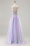 Sparkly Strapless Purple A-Line Corset Lace Up Back Long Ball Dress with Appliques