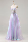 Sparkly Strapless Purple A-Line Corset Lace Up Back Long Ball Dress with Appliques