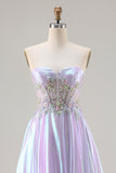 Sparkly Strapless Purple A-Line Corset Lace Up Back Long Ball Dress with Appliques