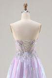 Sparkly Strapless Purple A-Line Corset Lace Up Back Long Ball Dress with Appliques