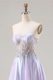 Sparkly Strapless Purple A-Line Corset Lace Up Back Long Ball Dress with Appliques