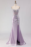 Strapless Mermaid Corset Light Purple Beaded Long Ball Dress with Slit
