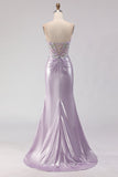 Strapless Mermaid Corset Light Purple Beaded Long Ball Dress with Slit