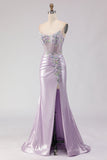 Strapless Mermaid Corset Light Purple Beaded Long Ball Dress with Slit