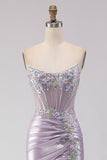 Strapless Mermaid Corset Light Purple Beaded Long Ball Dress with Slit