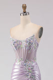 Strapless Mermaid Corset Light Purple Beaded Long Ball Dress with Slit