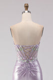 Strapless Mermaid Corset Light Purple Beaded Long Ball Dress with Slit