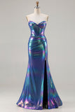 Metallic Navy Mermaid Strapless Corset Long Ball Dress with Slit