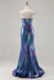 Metallic Navy Mermaid Strapless Corset Long Ball Dress with Slit