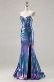 Metallic Navy Mermaid Strapless Corset Long Ball Dress with Slit