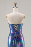 Metallic Navy Mermaid Strapless Corset Long Ball Dress with Slit