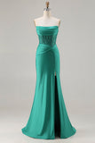 Dark Green Strapless Mermaid Sequins Corset Long Ball Dress with Slit