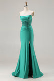Dark Green Strapless Mermaid Sequins Corset Long Ball Dress with Slit