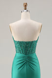 Dark Green Strapless Mermaid Sequins Corset Long Ball Dress with Slit