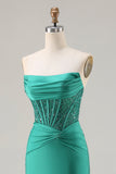 Dark Green Strapless Mermaid Sequins Corset Long Ball Dress with Slit