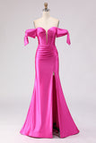 Fuchsia Mermaid Off The Shoulder Corset Beaded Long Ball Dress with Slit