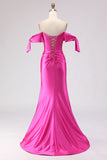 Fuchsia Mermaid Off The Shoulder Corset Beaded Long Ball Dress with Slit
