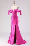 Fuchsia Mermaid Off The Shoulder Corset Beaded Long Ball Dress with Slit