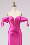 Fuchsia Mermaid Off The Shoulder Corset Beaded Long Ball Dress with Slit