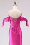 Fuchsia Mermaid Off The Shoulder Corset Beaded Long Ball Dress with Slit