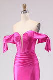 Fuchsia Mermaid Off The Shoulder Corset Beaded Long Ball Dress with Slit