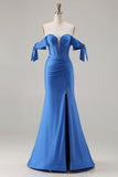 Off The Shoulder Royal Blue Mermaid Corset Satin Long Ball Dress with Slit