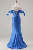 Off The Shoulder Royal Blue Mermaid Corset Satin Long Ball Dress with Slit