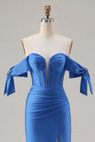 Off The Shoulder Royal Blue Mermaid Corset Satin Long Ball Dress with Slit